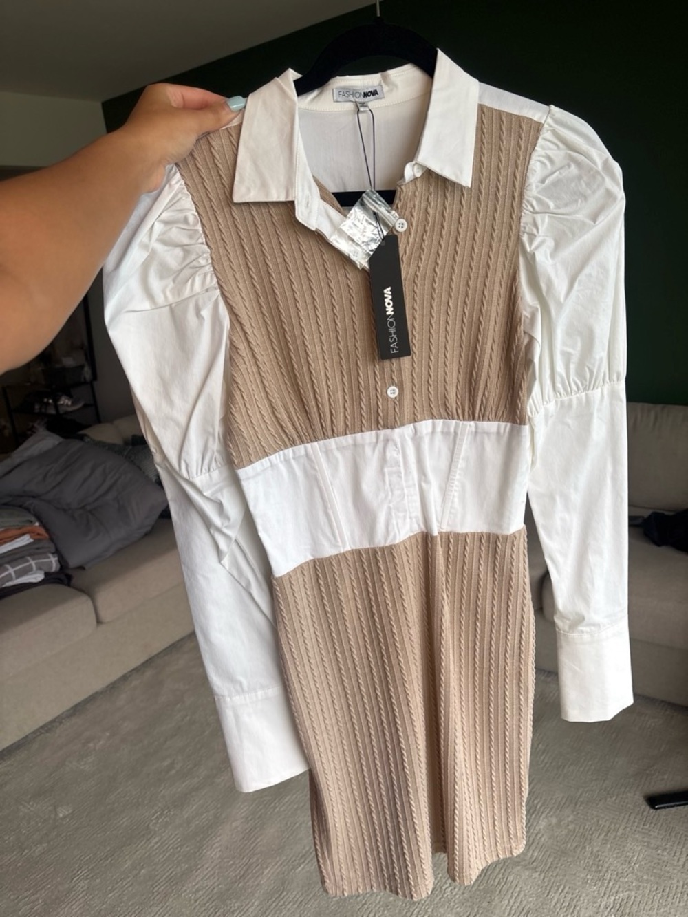 Fashion Nova Beige Knit & White Shirt V-Neck Dress